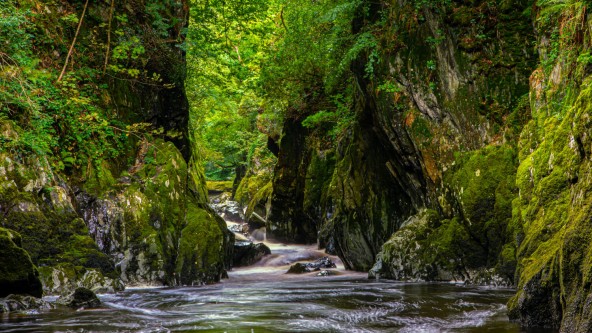 Idyllic waterfall and river in Snowdonia National Park